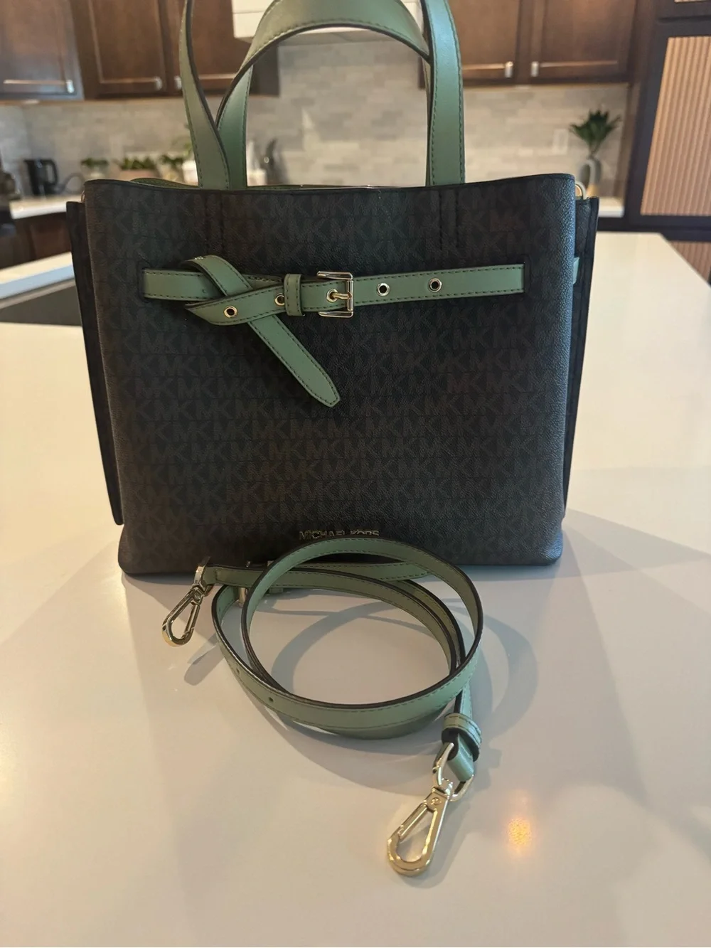 Michael Kors Brown Monogram Tote with Mint Green Trim